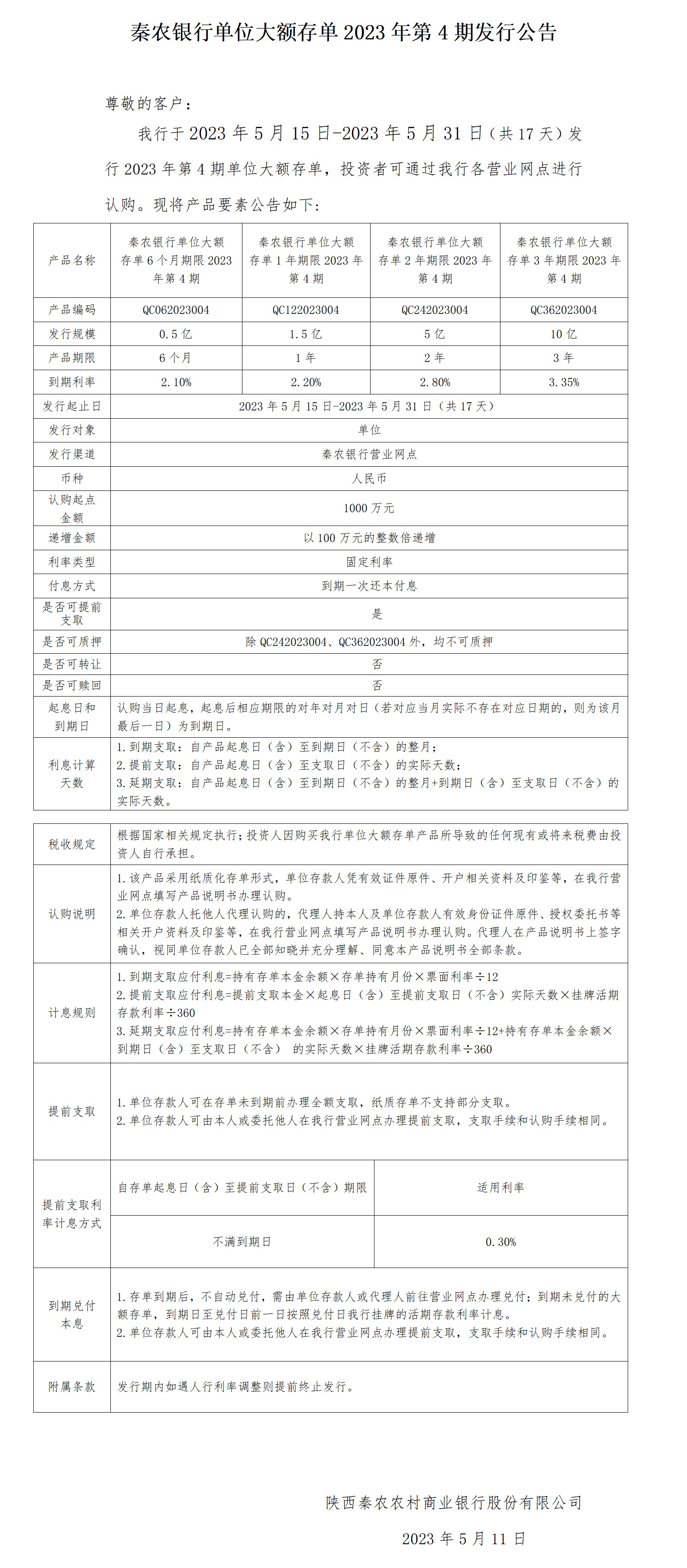 秦農銀行單位大(dà)額存單2023年第4期發行公告2023.5.11_01(1).jpg